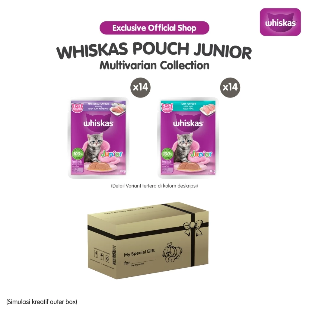 Whiskas Makanan Kucing Basah Pouch Junior Rasa Tuna & Mackarel 80 gr - Isi 28