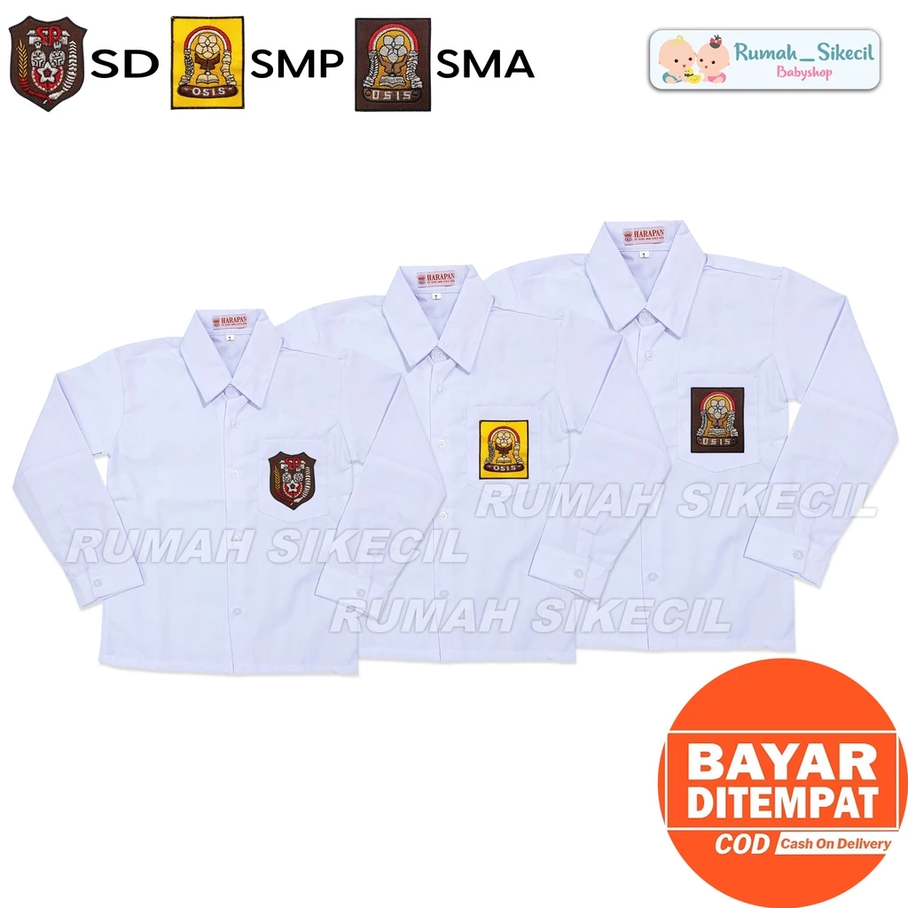 Baju Kemeja Seragam Sekolah SD SMP SMA Lengan PANJANG Putih Bahan TC Poplin