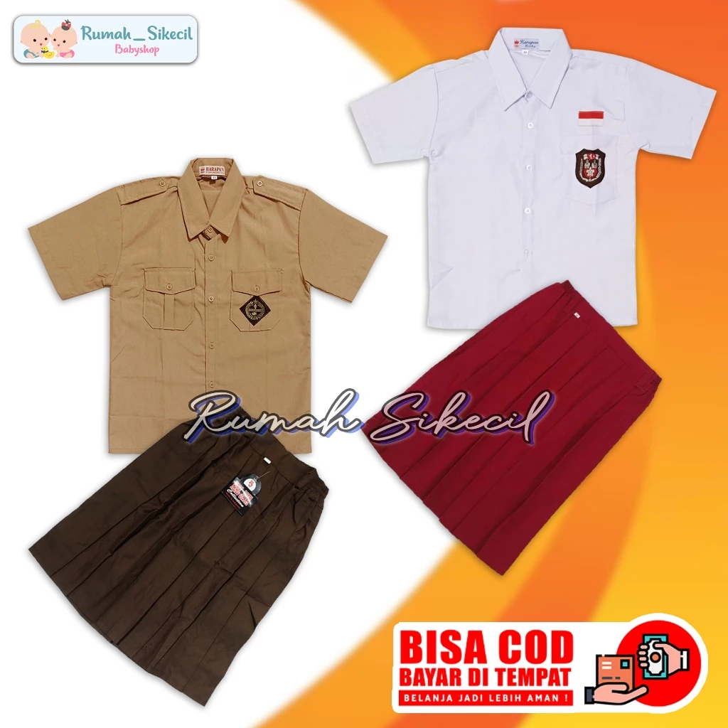 Termurah Setelan Seragam Sekolah Anak SD Merah Putih Coklat Pramuka Perempuan Lengan Pendek Rok Pendek Terlaris