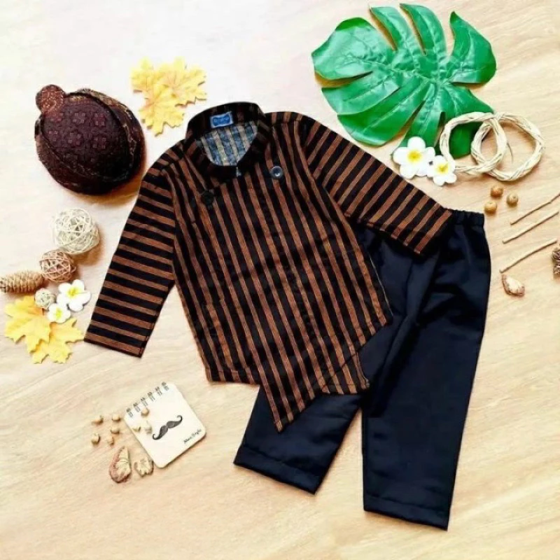 Setelan Baju Adat Jawa Anak (Baju+Celana+Blangkon) Usia 0-12Tahun Surjan Lurik Anak Laki-Laki Baju Seragaman