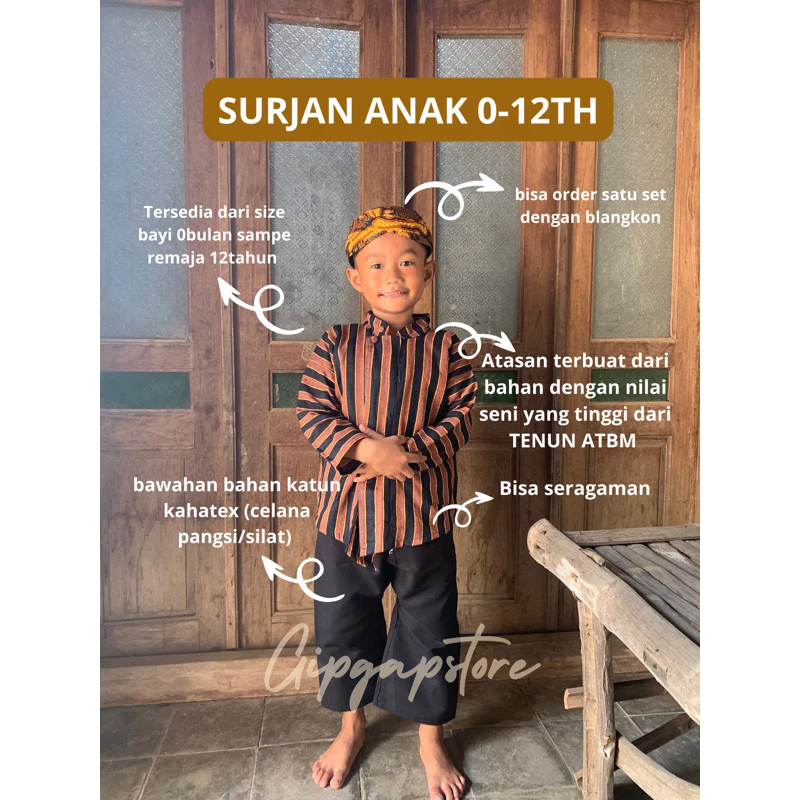 setelan baju adat jawa anak (baju+celana+blangkon) usia 0-12tahun surjan lurik anak laki-laki untuk acara kamis pahing karnaval tedak siten seragaman