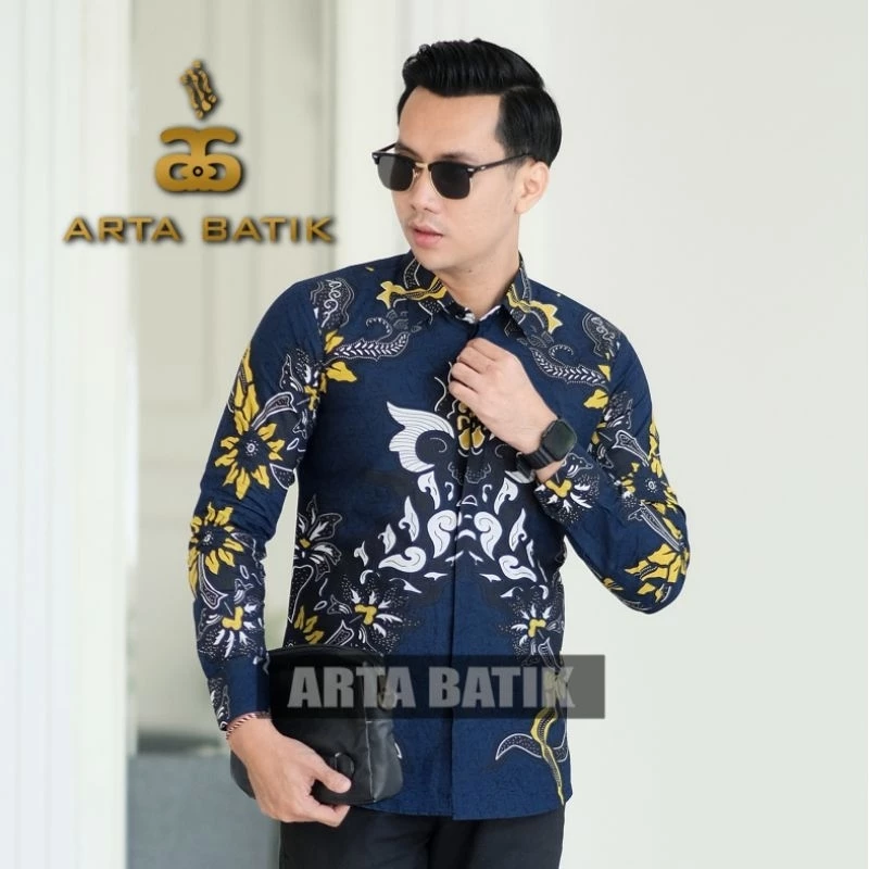 Kembang Navy Baju Batik Lengan Panjang Premium Pria Bahan Katun Modern Asli Solo Sragen Lapis Furing Slimfit Casual Formal Seragam Kerja Kantor Kondangan Motif Terbaru Kode AB1017PJ Arta Galeri