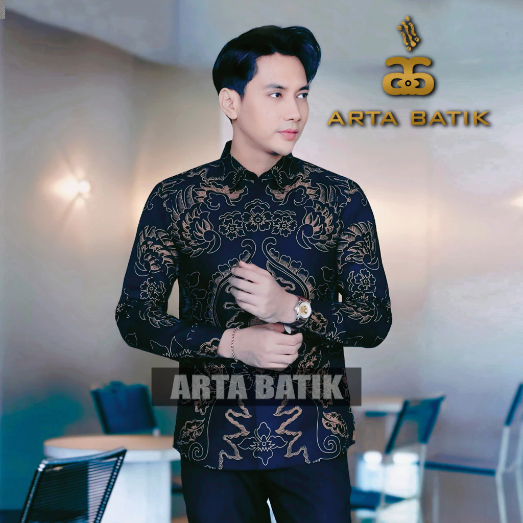 Bowo Navy Baju Batik Modern Premium Lengan Panjang Pria Bahan Katun Asli Solo Sragen Lapis Furing Slimfit Casual Formal Seragam Kerja Kantor Kondangan Motif Terbaru Kode AB1038PJ Arta Galeri