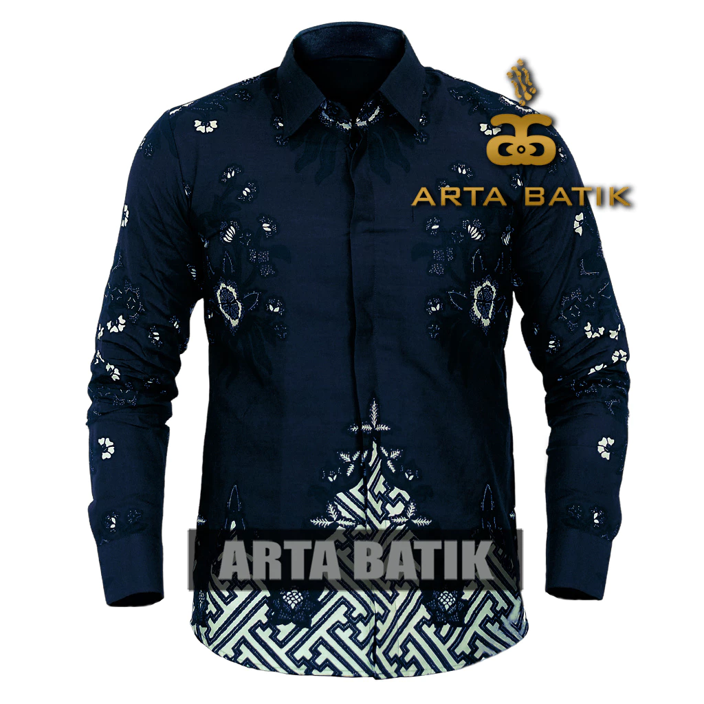 Pradhika Navy Baju Batik Premium Pria Lengan Panjang Modern Bahan Katun Asli Solo Sragen Lapis Furing Slimfit Casual Formal Seragam Kerja Kantor Kondangan Motif Terbaru Kode AB1014PJ Arta Galeri